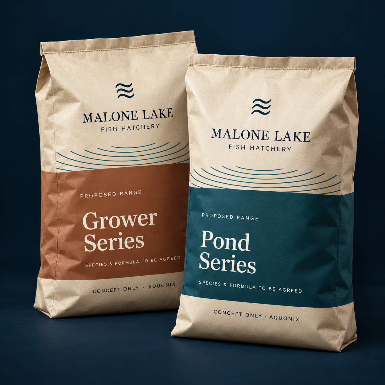 AI-generated packaging concept: Malone Lake Grower Series and Pond Series kraft feed bags with copper and teal panels